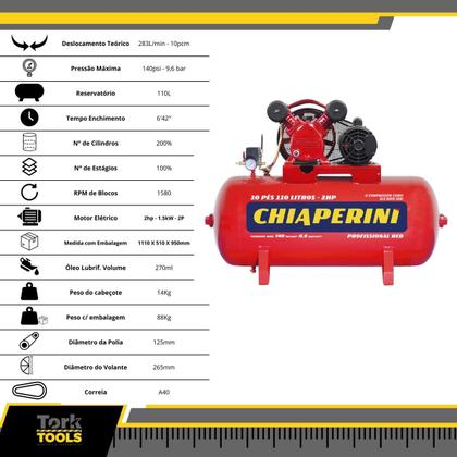 Imagem de Compressor Ar Média Pressão 10pcm 110l 2hp Chiaperini