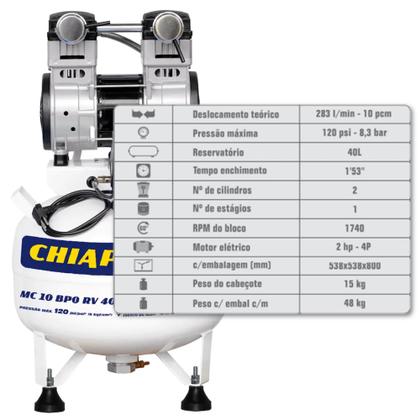 Imagem de Compressor Chiaperini MC 10 BPO 40 Litros 120 Libras 2 cv 220v Monofásico Isento de Óleo