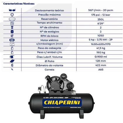 Imagem de Compressor de Ar 20 Pés 250L Alta Pressão Industrial 175psi 12Bar Chiaperini