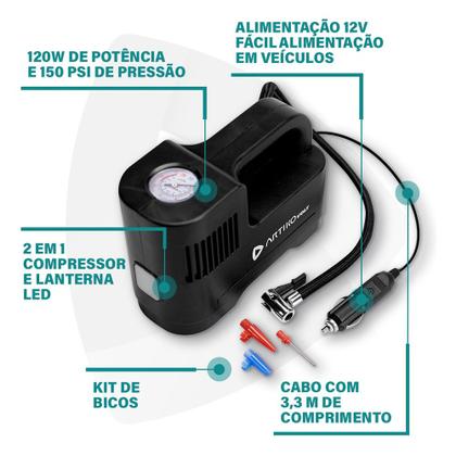 Imagem de Compressor de Ar Automotivo Elétrico Portátil Carro Artiko Volt Lanterna 120W Potência