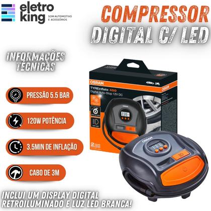 Imagem de Compressor de Ar Digital Osram OTI450 Tyre Inflate 12V LED Automotivo Portátil Enchedor de Pneus