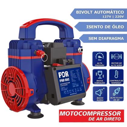 Imagem de Compressor de ar direto PDR PRO08C Compacto 830W Bivolt Ideal para Uso Profissional