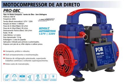 Imagem de Compressor de ar direto PDR PRO08C Compacto 830W Bivolt Ideal para Uso Profissional