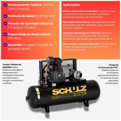 Imagem de Compressor De Ar Schulz - Csl 20br/200 Bravo - 20 Pés 200 Litros 175 Libras 220/380v Trif