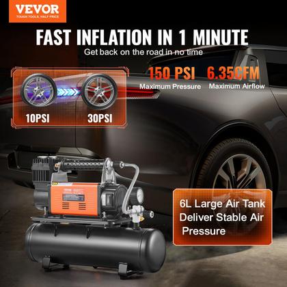 Imagem de Compressor de ar VEVOR 12V Heavy Duty com tanque de 6L 150PSI 6.35CFM