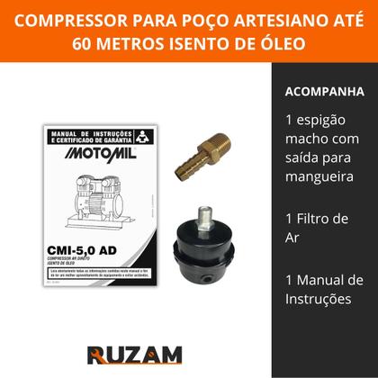 Imagem de Compressor para Poço Artesiano de até 60 Metros Isento de Oleo Silencioso CMI 5,0 Motomil - 127V