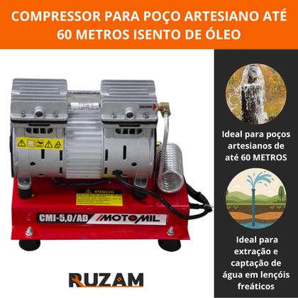 Imagem de Compressor para Poço Artesiano de até 60 Metros Isento de Oleo Silencioso CMI 5,0 Motomil - 220V