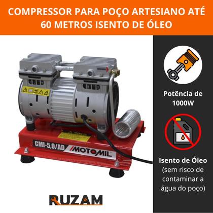 Imagem de Compressor para Poço Artesiano de até 60 Metros Isento de Oleo Silencioso CMI 5,0 Motomil - 220V