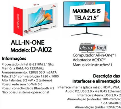 Imagem de Computador Completo ALL-IN-ONE Intel Core i3 21,5 Polegadas Ssd 128GB e 4GB Ram