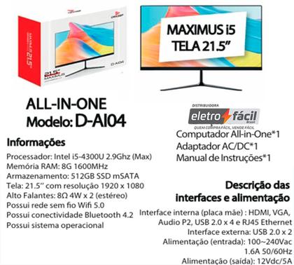 Imagem de Computador Completo ALL-IN-ONE Intel Core i5 21,5 Polegadas SSD 512GB e 8GB RAM
