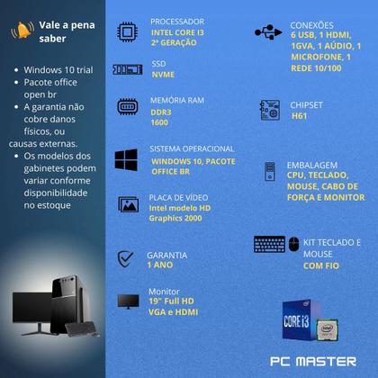 Imagem de Computador Completo Core i3 8gb 1tb ssd nvme kit teclado e mouse Monitor de 19 - PC Master