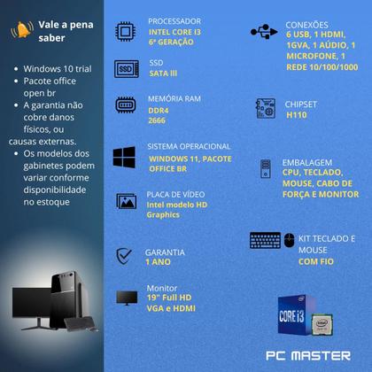 Imagem de Computador Completo PC Master Core i3 6ª 6100 4gb ssd 1tb sata kit teclado e mouse Monitor de 19