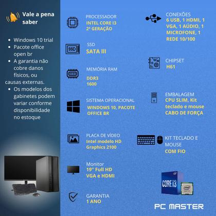 Imagem de Computador Completo slim Core i3 4gb 1tb ssd sata Monitor de 19" - PC Master