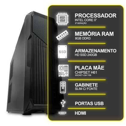 Imagem de Computador Desktop Slim, Intel Core I7 3º Ger, 8GB RAM, HD SSD 240GB, Conexões USB/VGA/HDMI/LAN/SOM