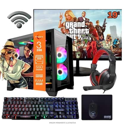 Computador PC Gamer Home Office Ryzen 3 3200G 8GB DDR4 SSD 240GB Radeon Vega 8 Windows 11 A320 Monitor 19...
