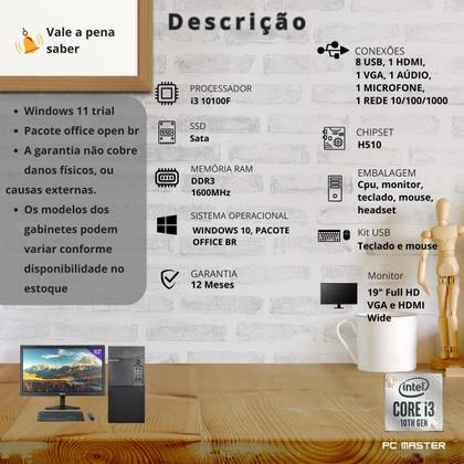 Imagem de Computador PC Master Completo Core i3 10ª ger 16gb ddr4 1tb ssd sata monitor de 19 windows 11