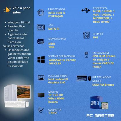 Imagem de Computador PC Master Completo Slim branco Core i5 8gb 240gb ssd sata Monitor de 19