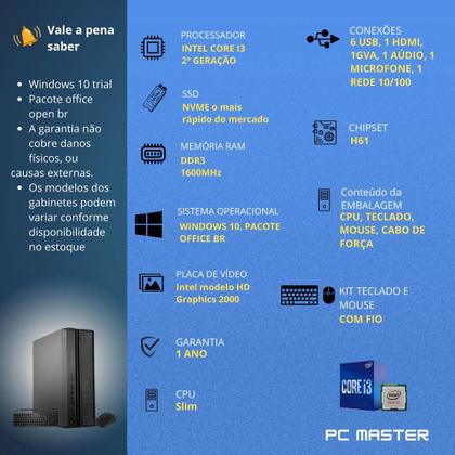 Imagem de Computador Slim CPU Core i3 3.0ghz 4GB ssd 256GB nvme  kit teclado e mouse- PC Master