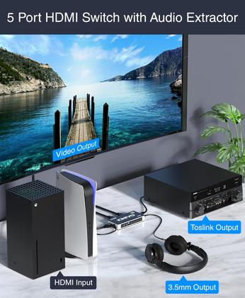 Imagem de Comutador HDMI+Extrator de Áudio Kinivo 560BNT 5x1 4K 60Hz