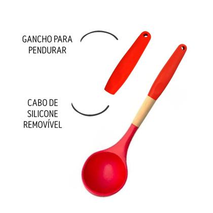Imagem de Concha de Feijão Silicone Cabo Madeira Removível 32cm Utensílio Em Casa Tem