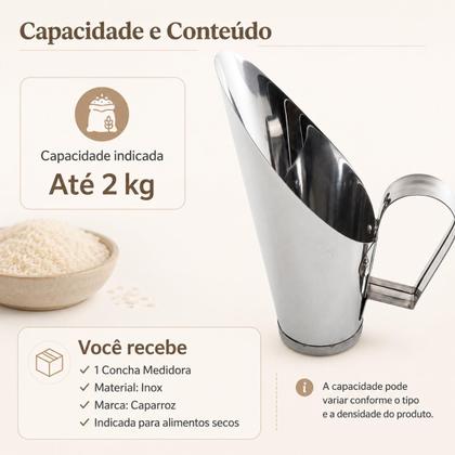 Imagem de Concha Medidora para Cereais Grãos Ração 2kg Caparroz Inox Pá Dosadora para Alimentos Secos Ração Uso Doméstico Comercial e Agropecuário