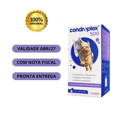 Imagem de Condroplex 500 Avert 60 Cáp Suplemento Cães Gatos Peq Porte