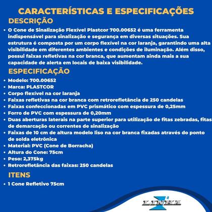 Imagem de Cone De Sinalização Flexível Plastcor Laranja e Branco 75CM