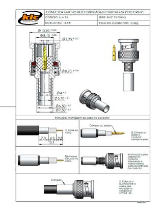 Imagem de Conector BNC 75 Ohms Macho Reto Cabo Crimpagem RG-59 - LM-75 - Gav 78 - KLC