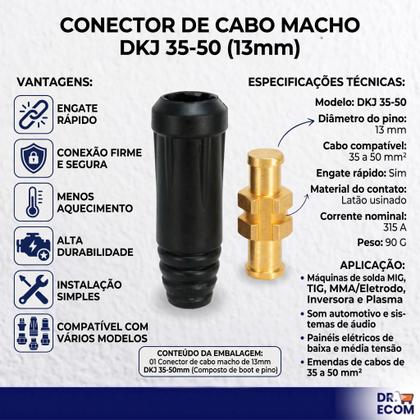 Imagem de Conector Cabo Engate Rápido Macho 13mm 3550mm Para Inversora Solda