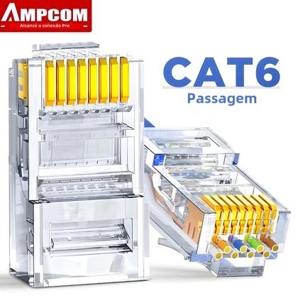 Imagem de Conector RJ45 AMPCOM CAT6/CAT5E - Banhado a Ouro - Conector de Passagem