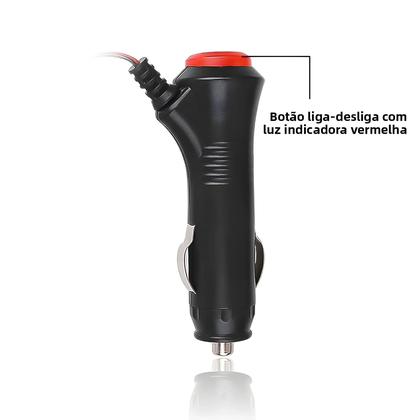 Imagem de Conector Universal Para Isqueiro De Carro Com Cabo De 1,5 Metro 12V 24V Interruptor Liga/Desliga