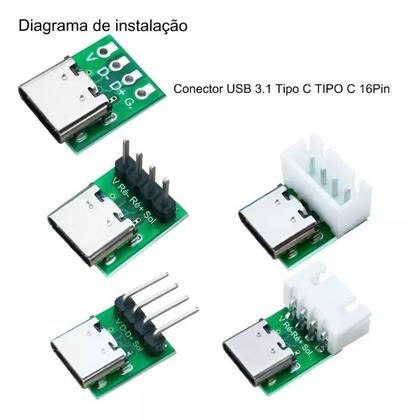 Imagem de Conector USB C Verde 16 Pinos Adaptador PCB Placa Conversão Solda DIY Energia Fonte Carregamento Rápido Arduino Projetos Eletrônicos