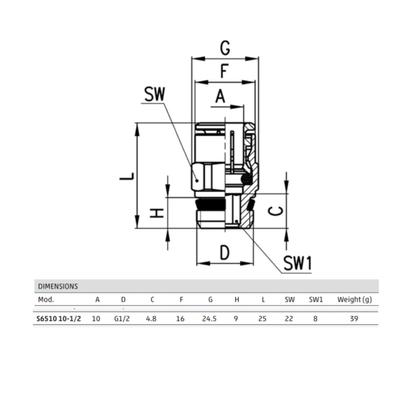 Imagem de Conexão Metalica Reta Macho Pneumatica 10XG1/2 S6510