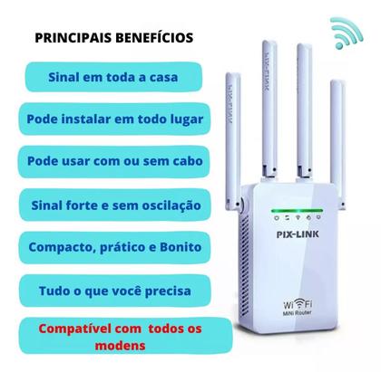 Imagem de Conexão Superior: Repetidor Wifi 2800m com 4 Antenas, Amplificador de Sinal, 110v/220v