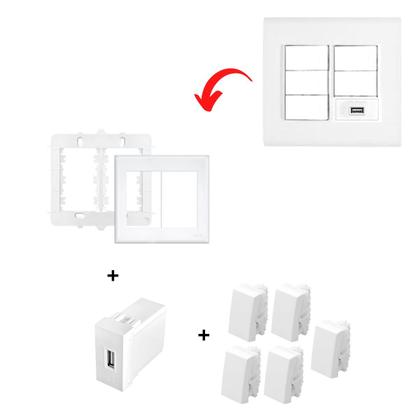 Imagem de Conj. 5 Interruptores Simples + 1 Tomada Usb Linha Evidence