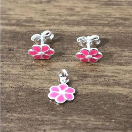 Imagem de Conj. Brinco E Pingente Infantil Prata Pura 925 Flor Rosa 