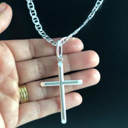 Imagem de Conj. Cordão Pulseira Cruz Prata 925 Latinha 60cm 20cm