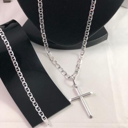 Imagem de Conj. Cordão Pulseira Cruz Prata 925 Latinha 60cm 20cm