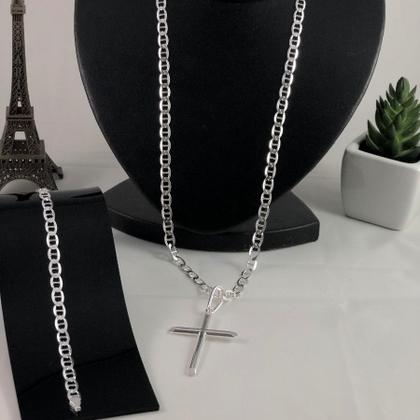 Imagem de Conj. Cordão Pulseira Cruz Prata 925 Latinha 60cm 20cm