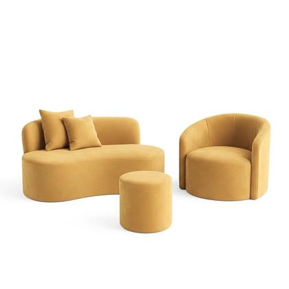 Imagem de Conjunto 01 Poltrona + Sofá e 1 Puff Curvo Orgânico Nature Gaia Veludo Mostarda - Montanaris Decor