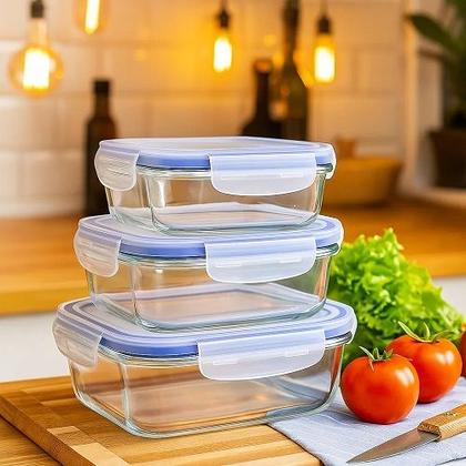 Imagem de Conjunto 03 Potes Herméticos Retangular de Vidro Ref:vh4053 VISTA HOME