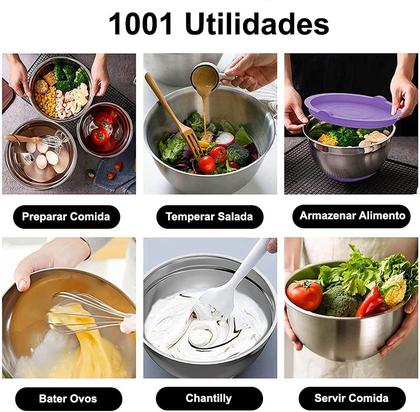 Imagem de Conjunto 05 tigelas aço inox vasilha multiuso cozinha potes