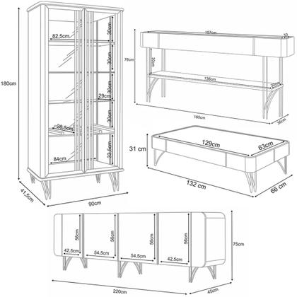 Imagem de Conjunto 1 Cristaleira 1 Buffet 1 Mesa de Centro e 1 Aparador Évora/Saluti/Cadenza/Vivant Off White/Champagne G26 - HB Móveis