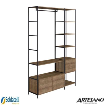 Imagem de Conjunto 1 estante 3 gavetas + 1 arara 2 gavetas com cabideiro steel quadra mdp vermont preto fosco - artesano