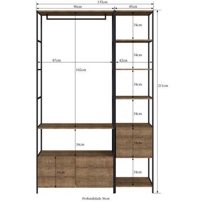 Imagem de Conjunto 1 estante 3 gavetas + 1 arara 2 gavetas com cabideiro steel quadra mdp vermont preto fosco - artesano