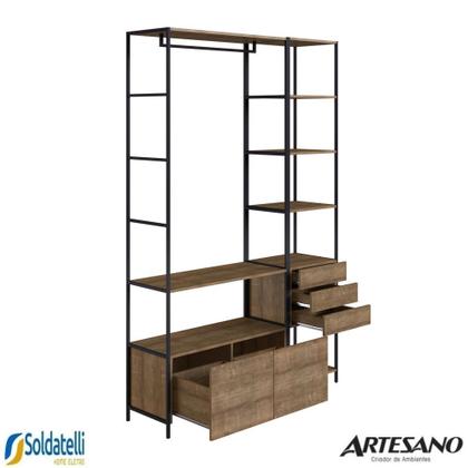 Imagem de Conjunto 1 estante 3 gavetas + 1 arara 2 gavetas com cabideiro steel quadra mdp vermont preto fosco - artesano