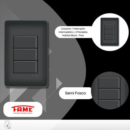 Imagem de Conjunto 1 Interruptor Intermediário + 2 Paralelo Habitat Black - Fame
