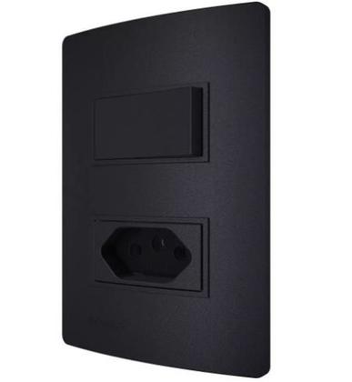 Imagem de Conjunto 1 Tecla Simples e 1 Tomada 2 Polos + Terra 10A 250V Embutir Revitá Soprano Preto Carbono