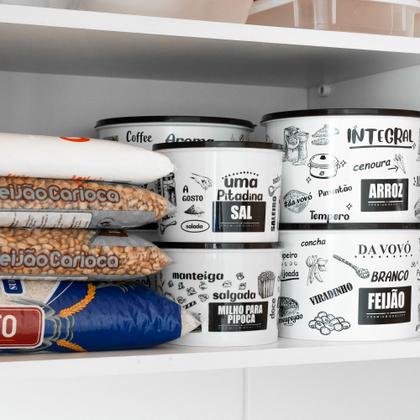 Imagem de Conjunto 10 Potes Mantimentos Plástico Com Tampa Decorado Black White Cozinha Exclusivo 2 Litros e 1 Litros