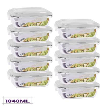 Imagem de Conjunto 10 Potes Retangular Vidro Hermetico c Trava 1040 ml